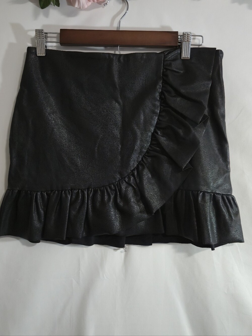 Amanda Uprichard Black Ruffle Faux-Leather Mini Skirt